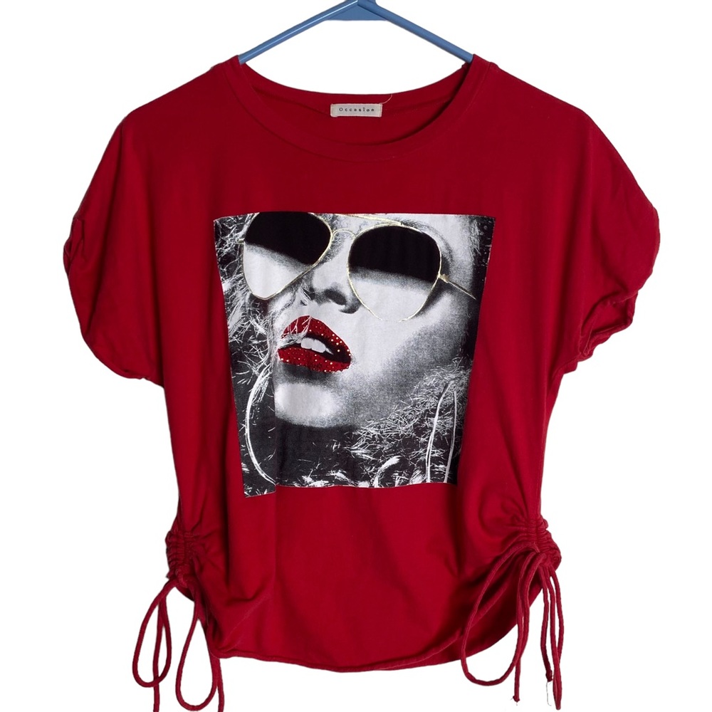 Occasion Red Side Cinched Top with Embellished Lips Big Face Graphic